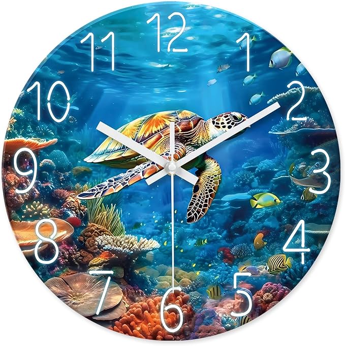 XNM Blue Sea Turtle Glass Clocks for Living Room Decor Ocean Large Wall Clocks Battery Operated 16 Inch Silent Wall Clock Modern