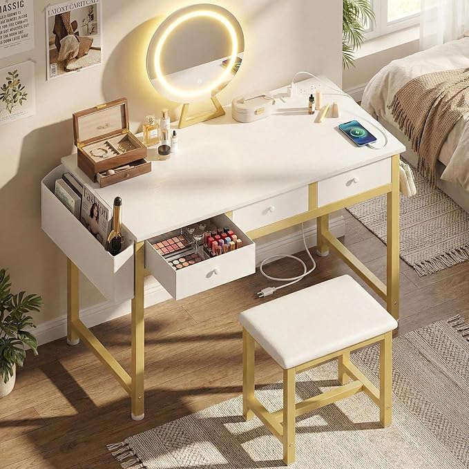Girls Vanity Desk with Mirror and Lights Small Makeup Vanitys Set with Chair Fabric Drawers Power Outlet, Dressing Table Vanities for Kids Bedroom 40“ White and Gold