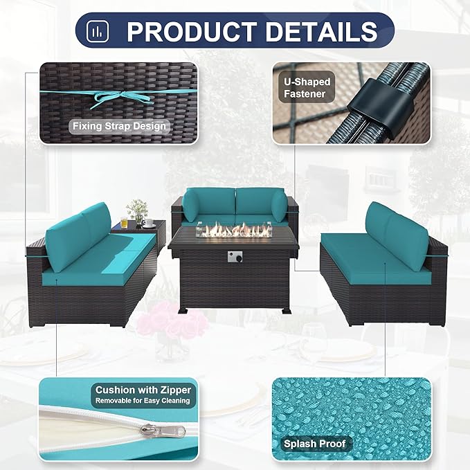 Kurapika 11 Pieces Patio Furniture Set, Rattan Wicker Outdoor Conversation Sets w/43in Propane Fire Pit Table, Swivel Rocking Chairs Patio Sectional Sofa w/4 Inch Cushion, Blue