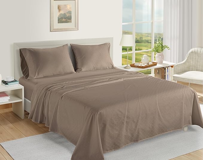 LANE LINEN 100% Egyptian Cotton Twin XL Sheets Set, Soft & Comfy Thick Fully Elasticized Mercerized Cotton Sheets Extra Large Twin Sheets, No Pill Fade Resistant Elegant Jaquard Swiss Dot - Taupe