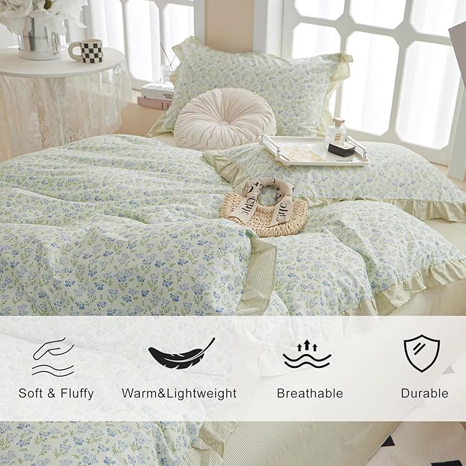 EAVD French Style Garden Floral Ruffled Comforter Set Queen White Fluffy Soft Microfiber Chic Blue Floral Bedding Set with 2 Pillowcases Fresh Botanical Comforter Set for All-Season