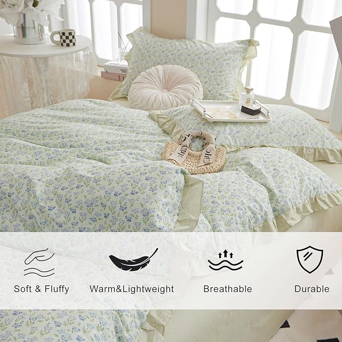 EAVD French Style Garden Floral Ruffled Comforter Set Twin XL White Soft Microfiber Chic Blue Floral Bedding Set with 2 Pillowcases Fresh Botanical Comforter Set for All-Season