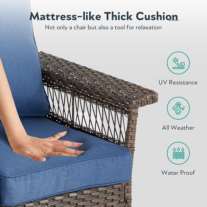 Wicker Outdoor Chairs Set - 3 Pieces Hollow Widen Armrests Patio Furniture Set with Side Table, Comfortable High Back Rattan Chairs for Balcony Porch Deck and Yard - Brown/Blue