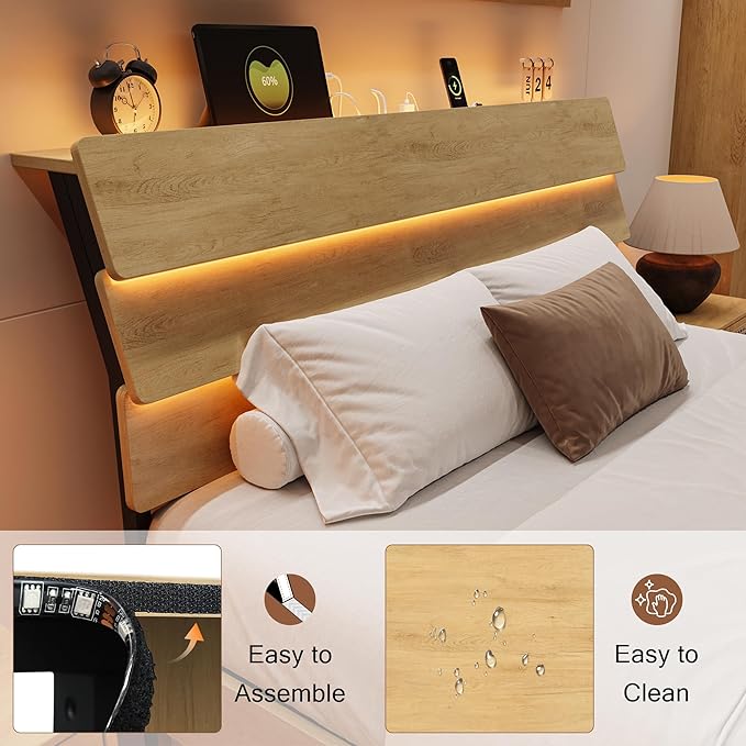 Floating Bed Frame Full Size with Charging Station & Led, Metal Platform Bed Base with Storage Headboard, Heavy Slats Support, No Box Spring Needed, Noise Free, Remote Control, Oak