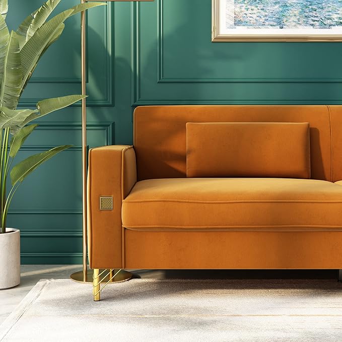 2PCS 85.63" Orange Velvet Sofa,Modern Loveseat Couch with Pillows Set of 2 for Living Room,Bedroom,Apartment Furniture with Gold Metal Legs