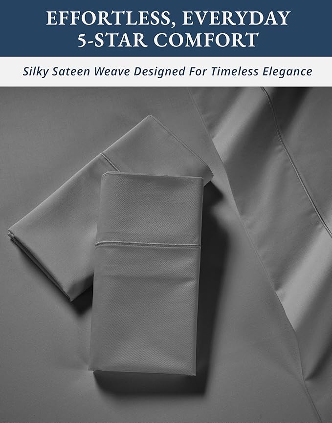 LANE LINEN 100% Egyptian Cotton Luxury Bedding Queen Sheet Set, Fade Resistant, No Pill, Naturally Cooling, Soft & Comfy Silky Smotth Sateen Weave Sheets - Charcol Gray