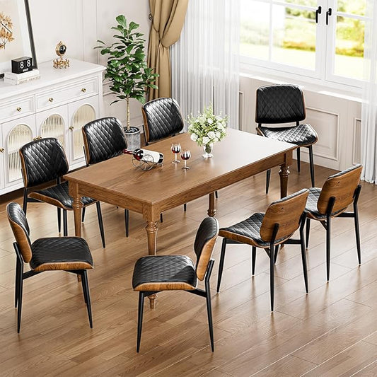 Dining Chairs Set of 8, FSC Certified Mid Century Modern Accent Dining Room and Kitchen Chairs, Upholstered PU Leather Diamond Check Chairs with Walnut Bentwood and Metal Legs, Black