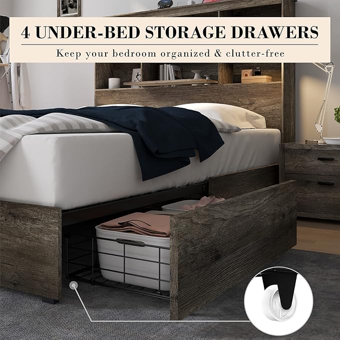 AMERLIFE Queen Size Bed Frame Wooden Platform Bed with 51.2" LED Storage Bookcase Headboard, 4 Storage Drawers & Charging Station/No Box Spring Needed/Noise Free/Rustic Grey