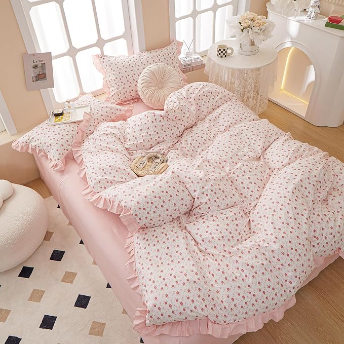 EAVD French Style Garden Pink Floral Comforter Set Queen Girls Fluffy Soft Microfiber Chic Shabby Floral Bedding Set with 2 Pillowcases Fresh Ruffled Botanical Comforter Set for All-Season