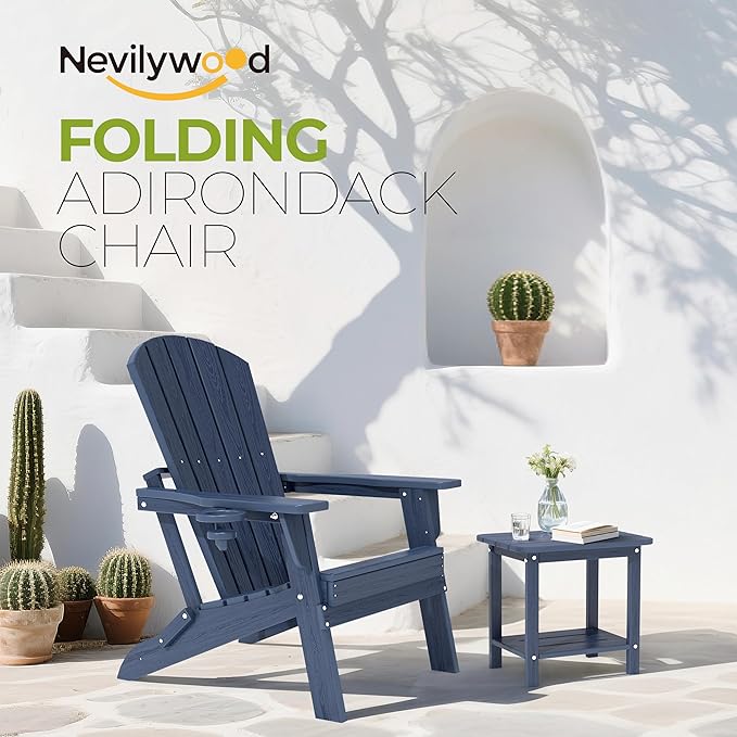 nevilywood Folding Adirondack Chair with Cup Holder Set of 4, HDPE Patio Chairs,All-Weather Outdoor Chairs for Backyard, Deck,Fire Pit-NavyBlue