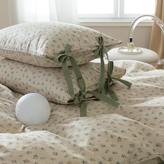 Cotton Duvet Cover King Chic Aesthetic Green Floral Comforter Cover Vintage Cottagecore Style Duvet Cover with 2 Bowknot Pillowcases Garden Flower Botanical Bedding Duvet Cover with Zipper Closure