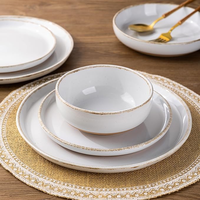 AmorArc 18 Pieces Ceramic Dinnerware Sets for 6, Handpainted Stoneware Plates and Bowls Set with Rustic Terracotta Underside, Scratch Resistant Dishes Set, Dishwasher & Microwave Safe, White