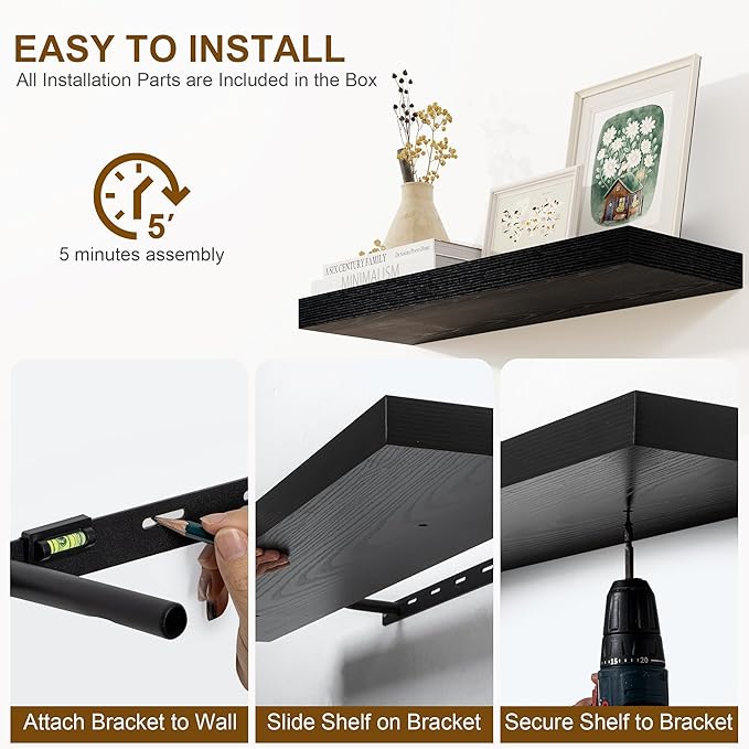 Fun Memories Floating Shelves for Wall, 48Inch Long Floating Shelves Set of 1, Hanging Shelf with Invisible Brackets, Wood Shelves for Living Room, Bedroom, Kitchen, Black
