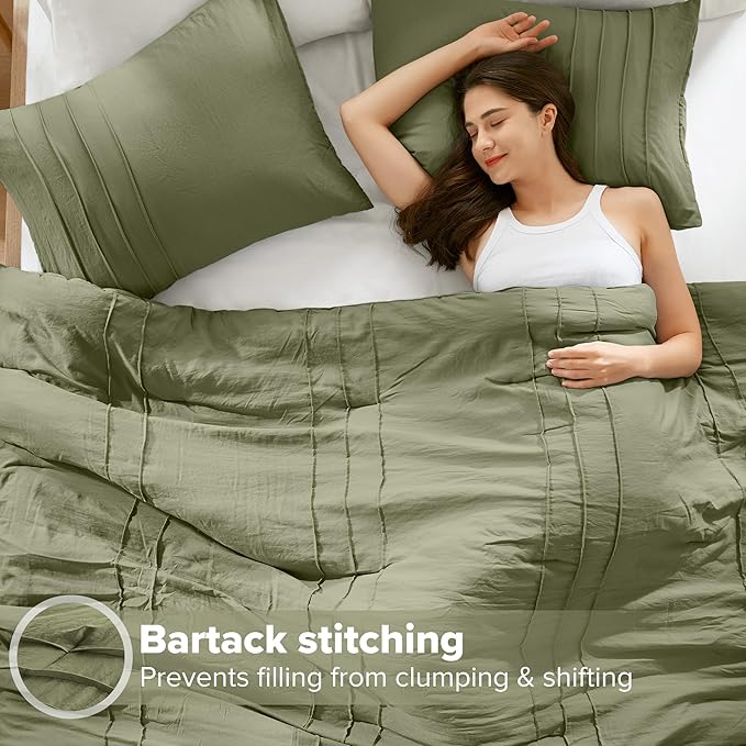 Comfort Spaces Olive Green Queen Size Comforter Set - 3 Piece Pintuck Pleated Bedding Set, All Season Lightweight, Extra Softness Pre-Washed Microfiber Bed Set, Shams
