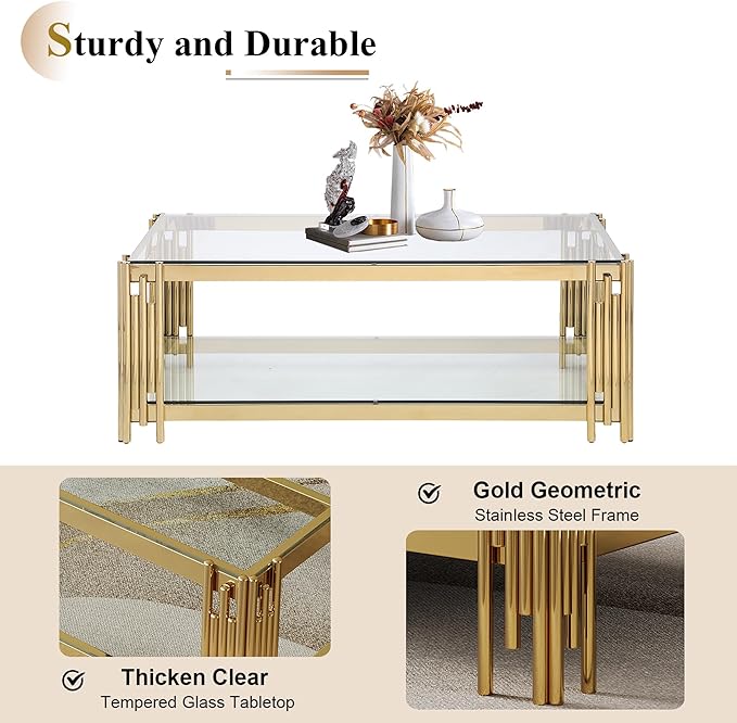 Goujxcy Glass Modern Coffee Table Set of 2 with Storage, Glass Top and Stainless Steel Frame, Living Room Table Set for Apartment Home Office