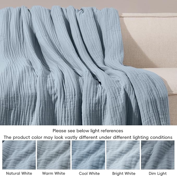 PHF Cooling Muslin Blanket Queen Size 90"x80", 6-Layer Lightweight Gauze Blanket Made from 35% Rayon Derived from Bamboo & 65% Cotton, Breathable & Ultra Soft Cozy, Aesthetic Home Decor, Dusty Blue