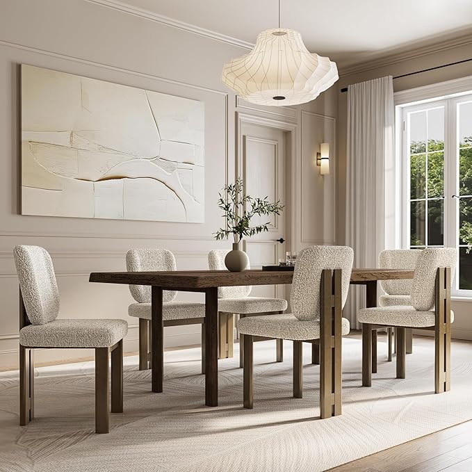 Modern Boucle Dining Chairs Set of 2, Farmhouse Sherpa Upholstered Wooden Kitchen Chairs with Back, Side Armless Dining Room Chairs with Walnut Wood Legs for Kitchen Restaurant, Beige