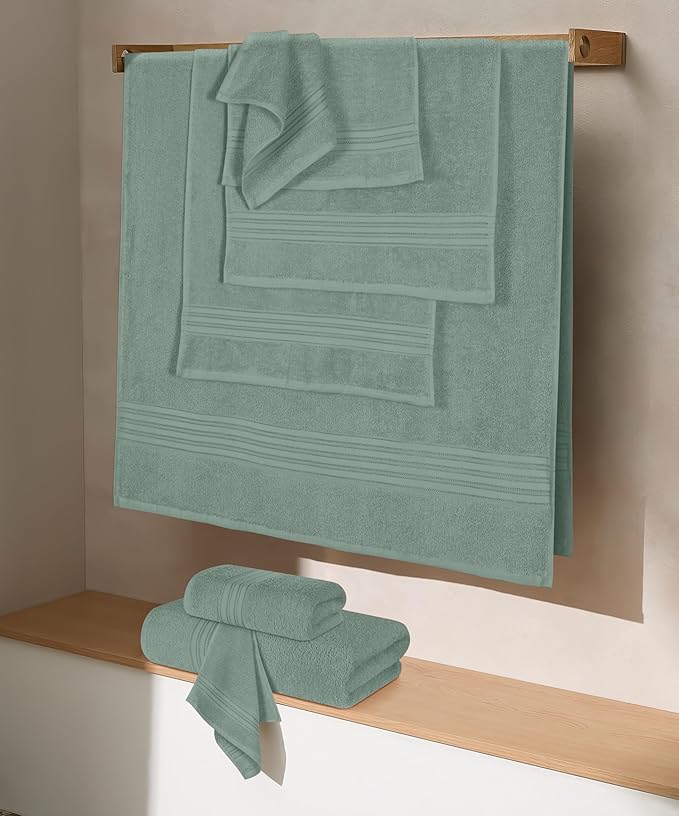 BOUTIQUO 100% Cotton Towel Set, Contains 4 Soft Bath Towel, 6 Hand Towels, 8 Wash Cloths - Compact Absorbent Lightweight & Quickdry Towels for Bathroom - 18 Piece Bathroom Towel Set - Jade