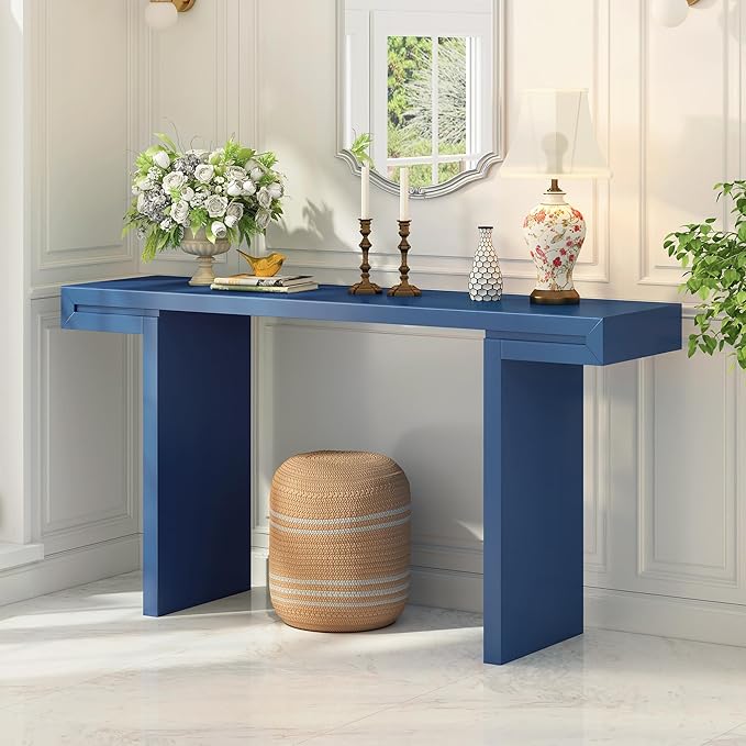 60-Inch Modern Console Table, Black MDF U-Style Design with Geometric Clean Lines, Adjustable Feet, Painted Finish for Living Room, Entryway, Hallway, 60 x 15.7 x 31.7 Inches