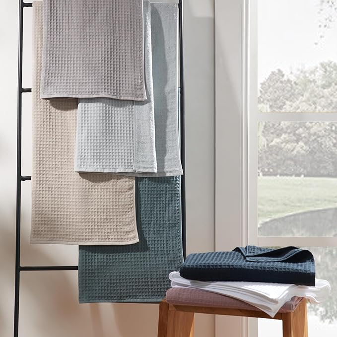 UCHINO Waffle Twist Cotton Weave Towel Set for Bathroom – 2 Bath, 2 Hand, 2 Washcloths, Lightweight Absorbent Quick Dry Honeycomb Texture Solid Terry Loop Reverse, 6 Piece, Grey