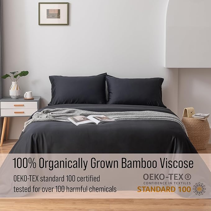 Bella Coterie Luxury Bamboo Viscose Full Size Sheet Set | 100% Organically Grown | Ultra Soft | Cooling for Hot Sleepers | 18" Deep Pocket [Black]