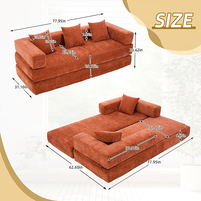 Convertible Floor Sofa Bed with Storage Pocket, Chenille Folding Mattress Sofa with Zipper Closure, Floor Lounge Couch for Living Room, Bedroom, Studio -Burnt Orange