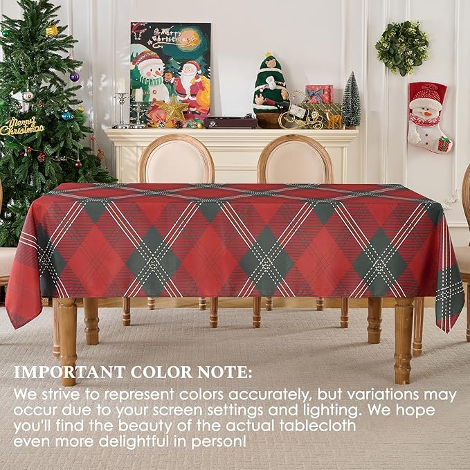 Christmas Tablecloth Rectangular 60x84 Inch Tablecloths for 4ft Waterproof, Machine Washable Polyester Table Cover for Xmas Party, Winter Holiday Home Decoration in Festive Checkered Green 1pack