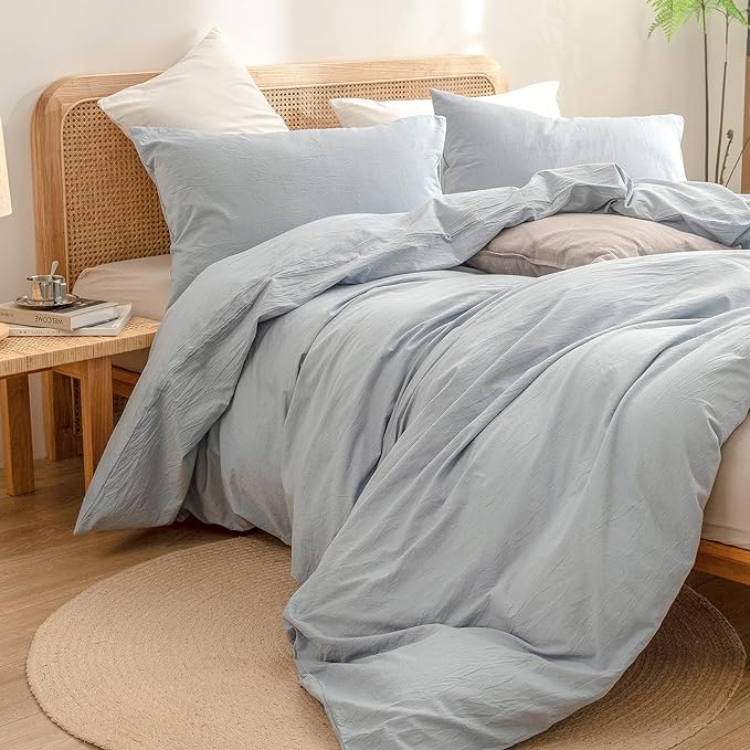 BESTOUCH Duvet Cover Set 100% Washed Cotton Linen Feel Super Soft Comfortable Chic Lightweight 3 PCs Home Bedding Set Solid Cornflower Blue Oversized King