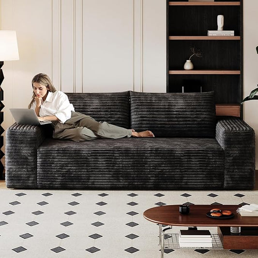 71" Boneless Loveseat Sofa - Cloud Couch with Memory Foam, Comfy Deep Seat - Corduroy Floor Sofa, No Assembly Required - Small Space Friendly for Living Room, Bedroom, Apartment, Black