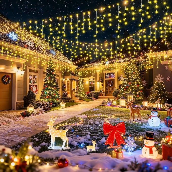 Hezbjiti Christmas Lights Decorations Outdoor, 1600LED 164FT Curtain Fairy Lights 8 Modes 320 Drops Fairy String Curtain Lights for Christmas Decor Eaves Window Party Yard Garden