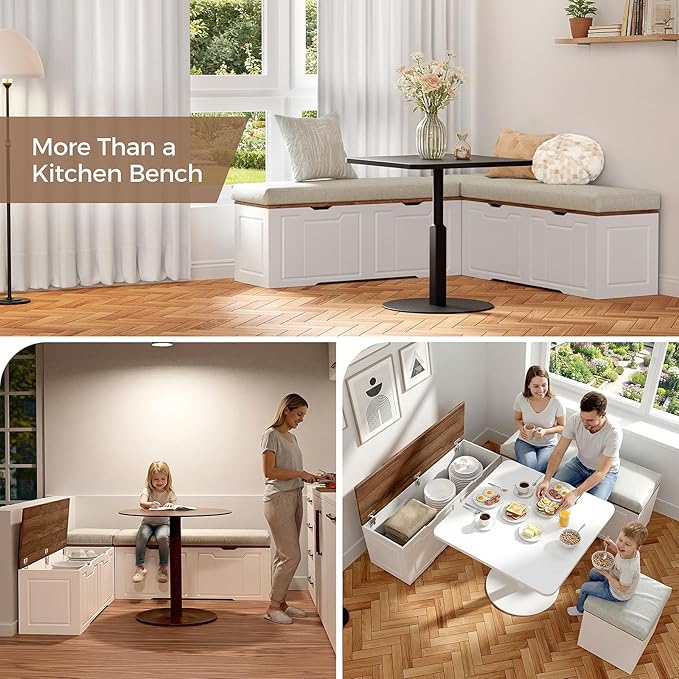L Shape Corner Bench with Storage, Breakfast Nook Bench, 63" L-Shaped Kitchen Nook Seating, Hidden Flip-Top Storage Compartments for Entryway, Dining Room, Hallway, Cloakroom, w/Grey Cushion
