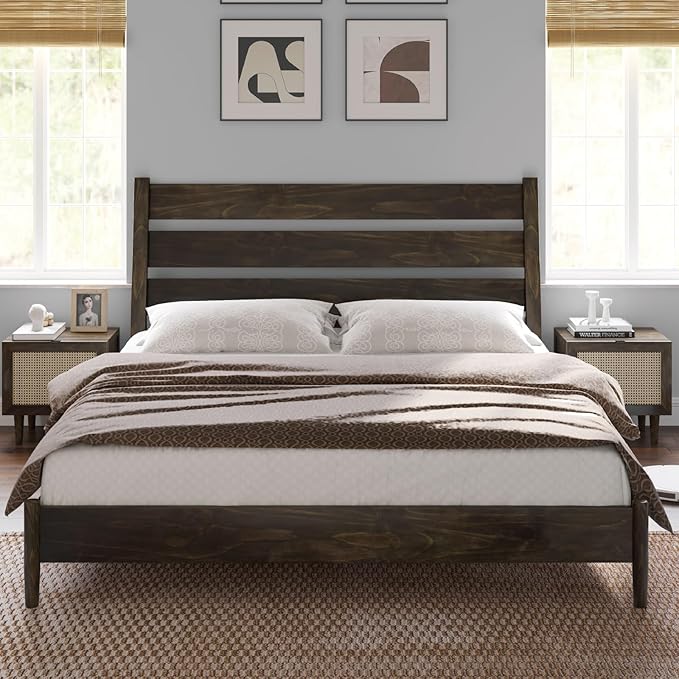 VanAcc Solid Wood Full Bed Frame, Platform Bed with Reclining Slatted Headboard, Mid Century Bed with Wood Slat Support, Dark Brown