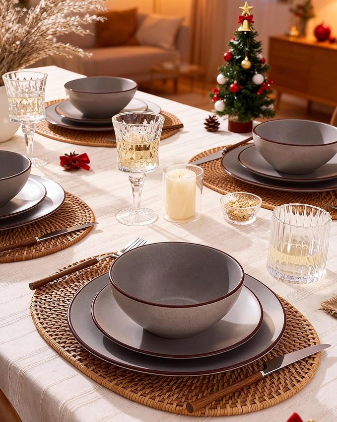 Famiware Venus Plates and Bowls Sets, 12 Pieces Stoneware Speckled Dinnerware Sets, Dishes Set for 4, Microwave and Dishwasher Safe, Matte Dark Grey