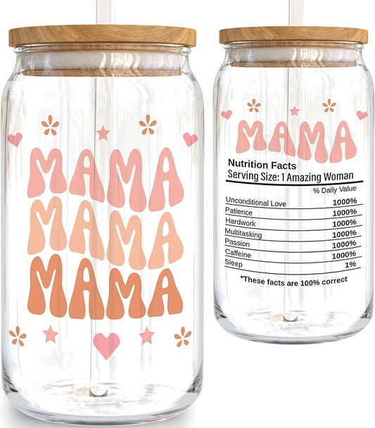 KLUBI Mama Gifts for Mothers Day from Daughter - Mom Glass Tumbler 16 Ounce Mama Cups Tumbler with Straw - Birthday Gift for Mom Iced Coffee Glass Nutritional Facts