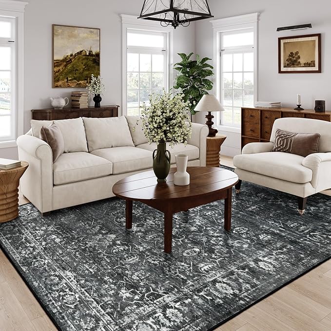 Lahome Area Rugs 9x12 Living Room Soft Large Rugs for Bedroom, Boho Black Dining Room Rug, Distressed Non Slip Low Pile Carpet for Indoor Home Office(9'x12', Black/Grey)