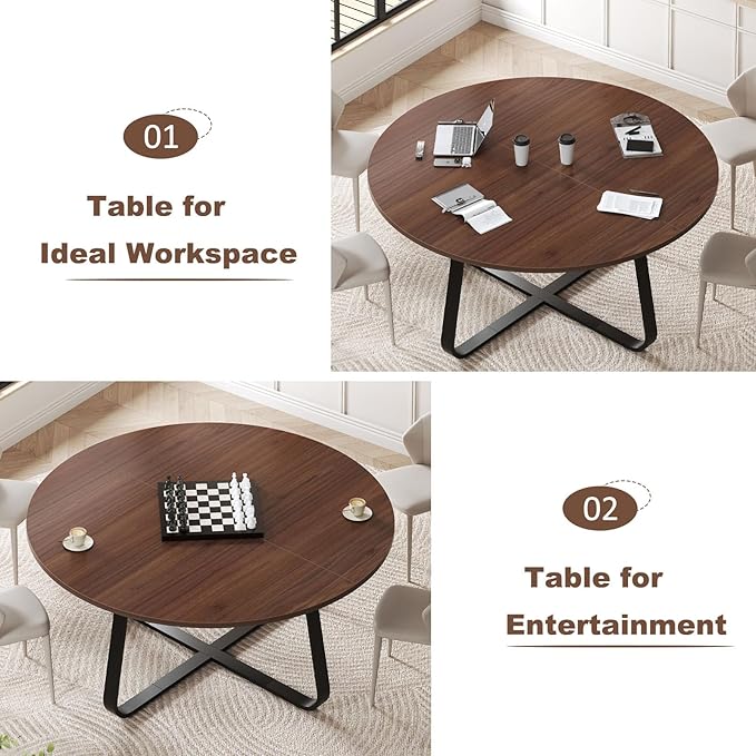 LVB 60-Inch Round Dining Table, Modern Wood Metal Kitchen Tables, Industrial Large Dinner Room Table for 6 to 8, Circle Dining Room Tables for Home Kitchen Living Room, Walnut