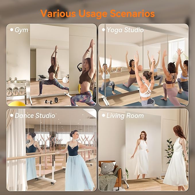 Hasipu Home Gym Mirror 360° Swivel on Wheels, 67" x 40" Extra Large Full Body Rolling and Tempered Glass Easy to Move Full Length Mirror for Yoga Studio, Bedroom, Dancing Studio, White