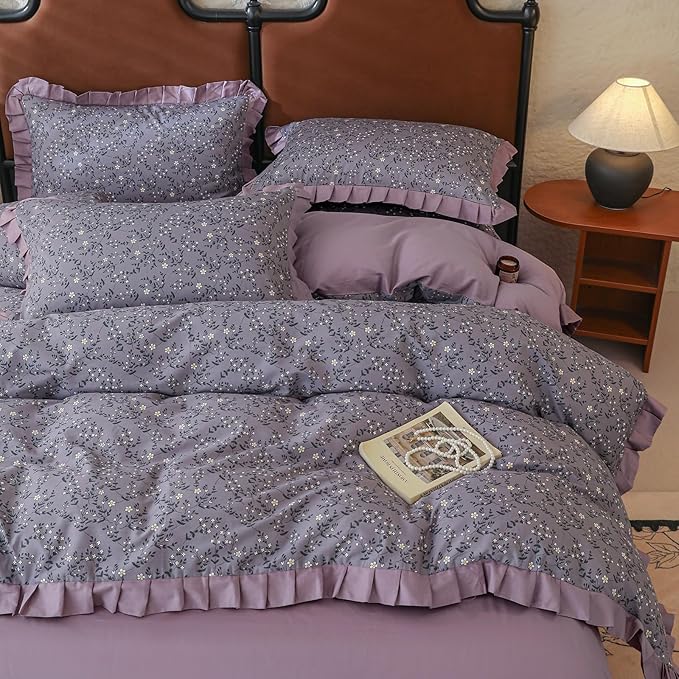 Purple Ruffle Duvet Cover Twin 3 Pieces Cute Daisy Flower Duvet Cover Girls Cottagecore Bedding Set Twin 100% Cotton Romantic Lace Comforter Cover Aesthetic Floral Bedding Cover with Zipper Closure
