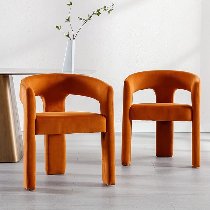 Modern Barrel Dining Chairs Set of 4, Velvet Upholstered Accent Side Chair with Arms Comfy Makeup Vanity Chairs, Dining Living Room Kitchen Chairs, Orange