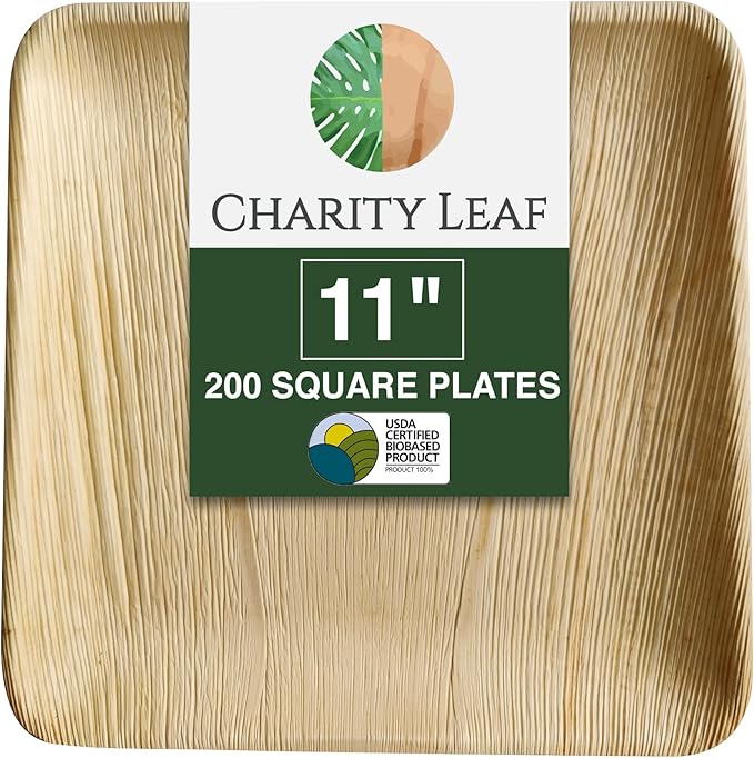 Charity Leaf Disposable Palm Leaf 11" Square Plates (200 pieces) Bamboo Like Serving Platters, Disposable Boards, Eco-Friendly Dinnerware For Weddings, Catering, Events