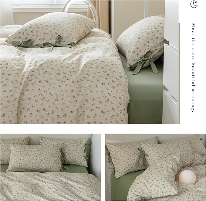Vintage Style Cotton Duvet Cover Twin 3 Pieces Green Floral Print Duvet Cover Chic Botanical Flower Bedding Sets Cottagecore Floral Comforter Cover Boho Floral Bedding Cover with 2 Bowknot Pillowcases
