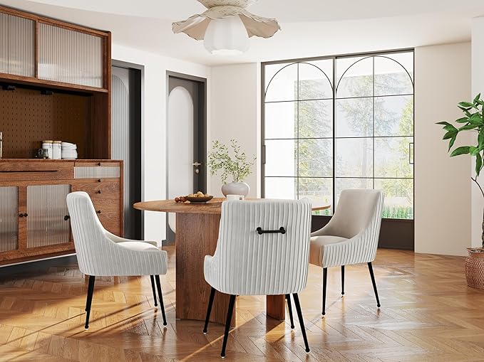 Velvet Dining Chairs Set of 6,Beige Upholstered Living Room Chairs with Black Metal Legs, Modern Tufted Accent Chairs for Living Room, Study Room, Kitchen