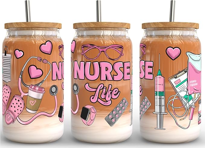Fancyfams 16 oz Glass Drinking Cup with Bamboo Lid, and Straw, Nurse Cup Gifts for Women, Nursing Student, Practitioner, Registered Rn, Lpn Cool Appreciation Nurse Iced Coffee Gifts (Life)