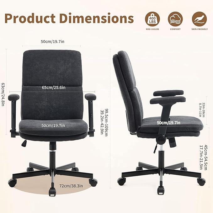 Office Chair Adjustable Desk Chair Mid Back Comfortable Linen Ergonomic Back Support Home Computer Chair with Padded 2D Flip-up Armrest Swivel Wheels (Navy Blue)