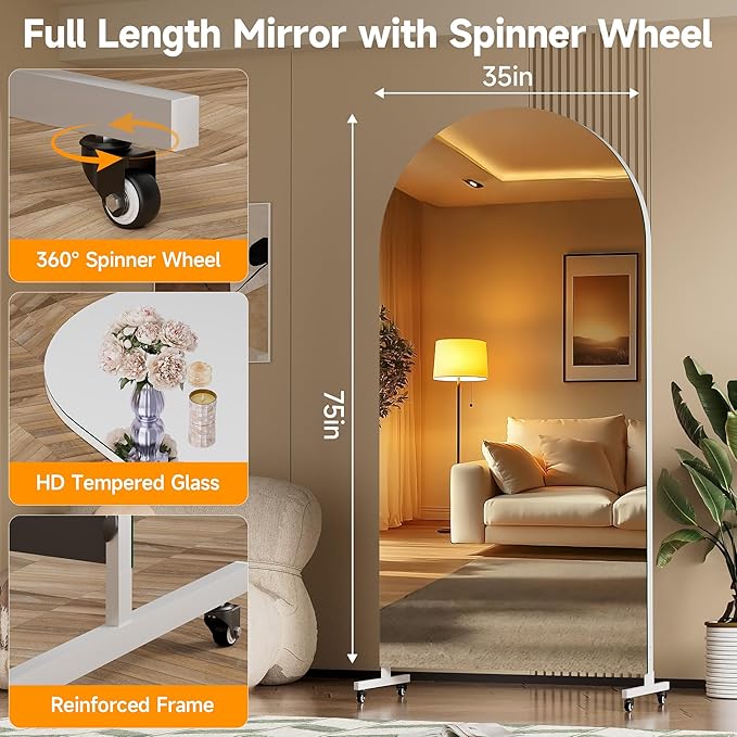 Hasipu 75" x 36" Arched Rolling Home Gym Mirror with Wheels, 360° Swivel Body Mirror with HD Tempered Glass, Large Floor Mirror for Yoga Room, Dance Studio, Bedroom & Home Gym