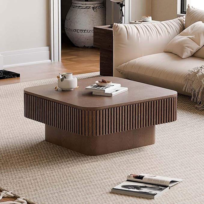 31.5'' Small Square Coffee Table with Storage, Fluted Coffee Table with Solid Wood Veneered, Mid Century Modern Wooden Center Table, Accent Tea Table for Small Space Living Room Apartment, Walnut