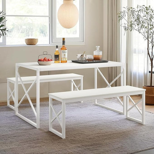 VECELO Kitchen Dining Table Benches Set for 4, 55" Wooden Dinette with 2 Benches, Heavy-Duty Dining Room Table for Small Space, Breakfast Nook, White