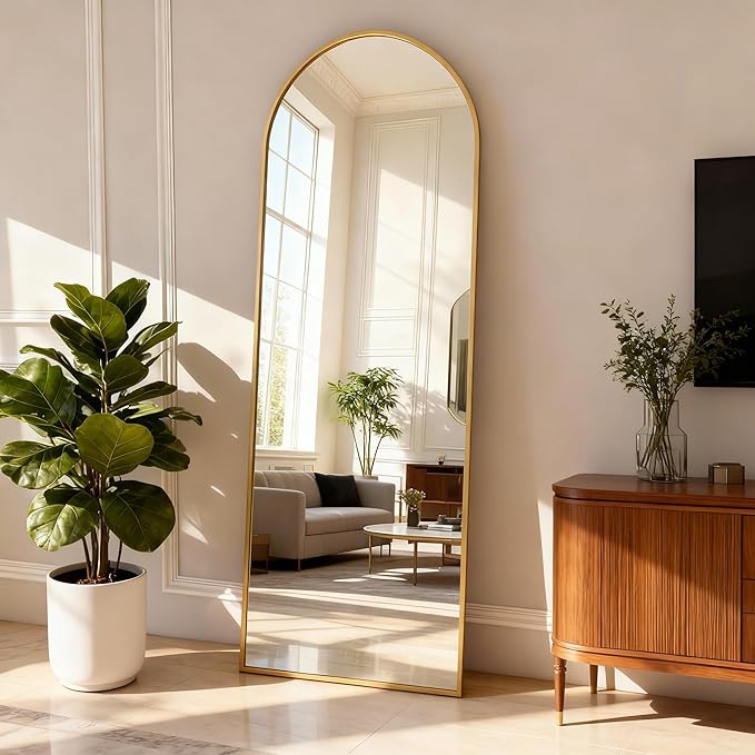 Arched Full Length Mirror,65" L x 24" W Floor Mirror, Aluminum Alloy Frame, Shatterproof Glass - Free Standing, Leaning or Wall Mounted for Bedroom, Living Room, Entryway, Modern Home (Gold)