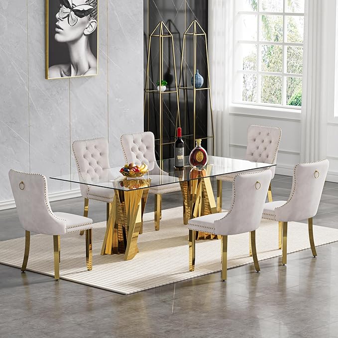 Goujxcy Modern 7 Piece Glass Dining Table Set Luxury Glass Kitchen Table and Chair Set for 6, 70" Large Rectangular Dining Room Table with 6 Tufted Chairs and Stainless Steel Legs (Gold & Beige)