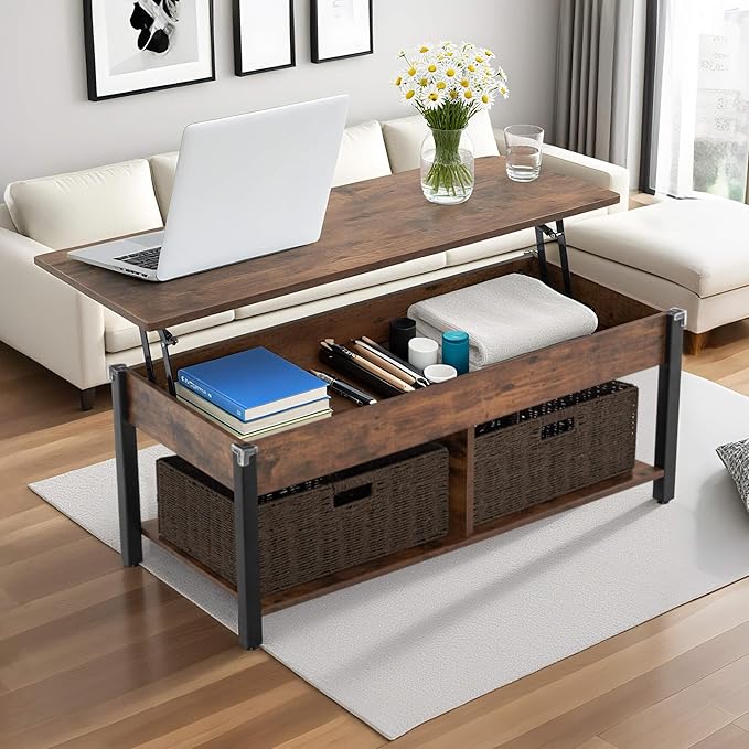 ivinta Lift Top Coffee Table with Storage, Modern Recangular Center Table with Wheels and 2 Rattan Folding Baskets, Rising Tabletop with Hidden Compartment for Living Room, 2177 (41.3", Dark Brown)